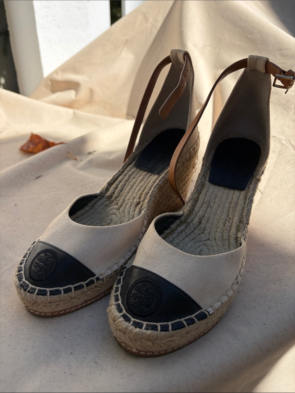 Tory Burch Cream Canvas Espadrille Wedge with Black Cap Toe
